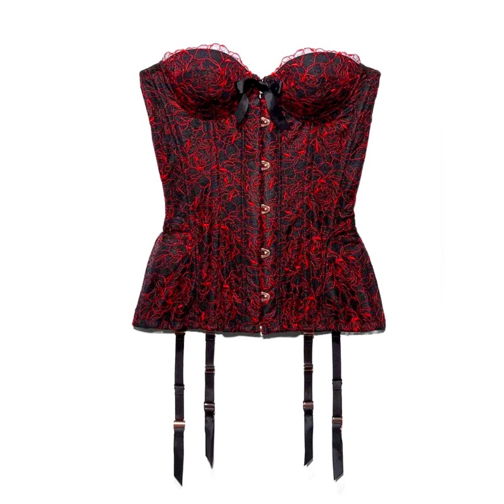 Red lace corset with tags and original packaging. Gold details